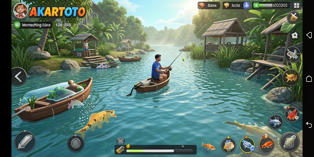 Screenshot AKARTOTO menunjukkan aksi memancing yang seru di danau yang indah.