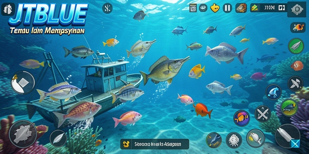 Tampilan gameplay JTBLUE saat menangkap ikan berwarna-warni.