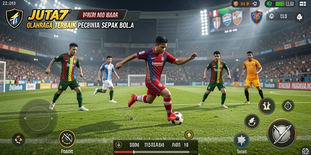 Tangkapan layar gameplay JUTA7 dengan aksi pertandingan olahraga yang mendebarkan.