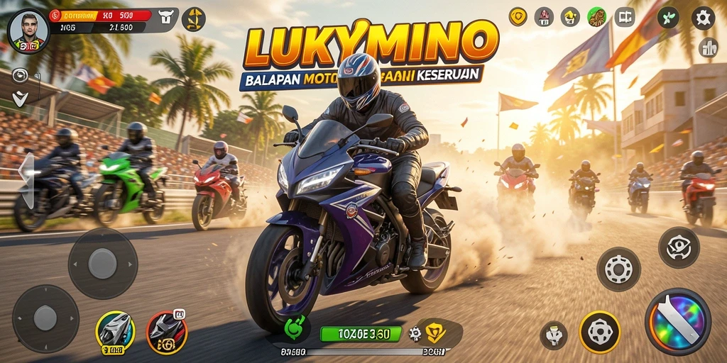 Tangkapan layar gameplay LUKYMINO menampilkan aksi balap motor yang mendebarkan.
