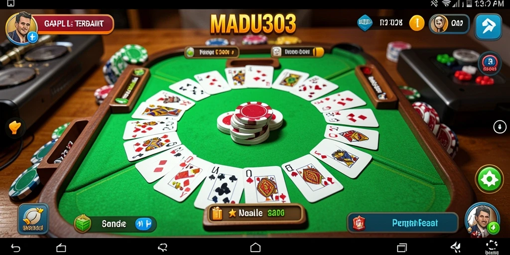 Screenshot gameplay MADU303 menampilkan suasana permainan Gaple yang seru.