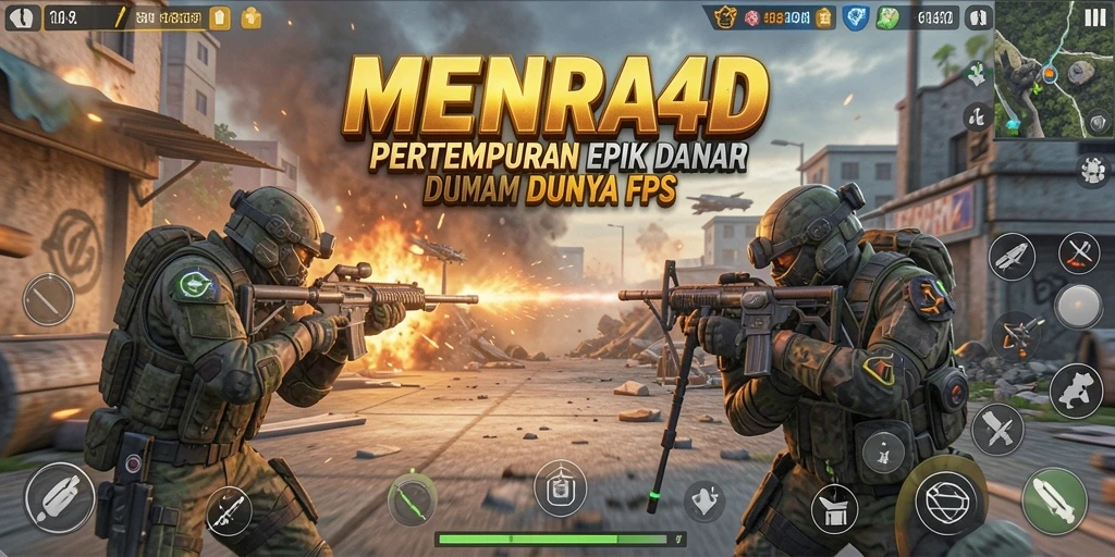Tangkapan layar utama MENARA4D dengan gameplay FPS yang mendebarkan.