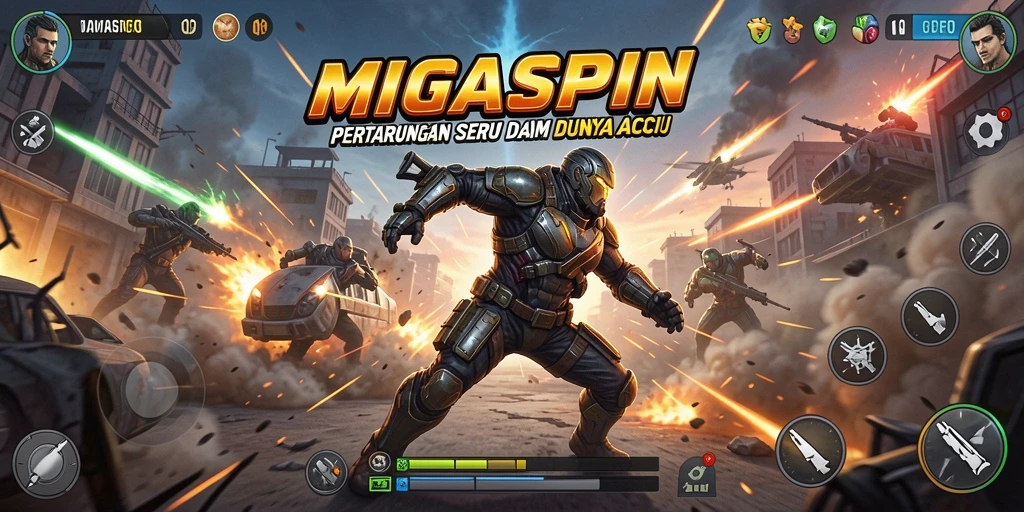 Screenshot utama MIGASPIN yang menunjukkan aksi mendebarkan dalam permainan.